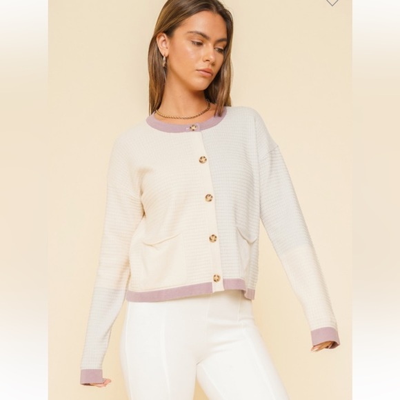🆕Color Block Button Down Cardigan W/Pockets Matching Cami Top Cream Purple Gray - Picture 8 of 10